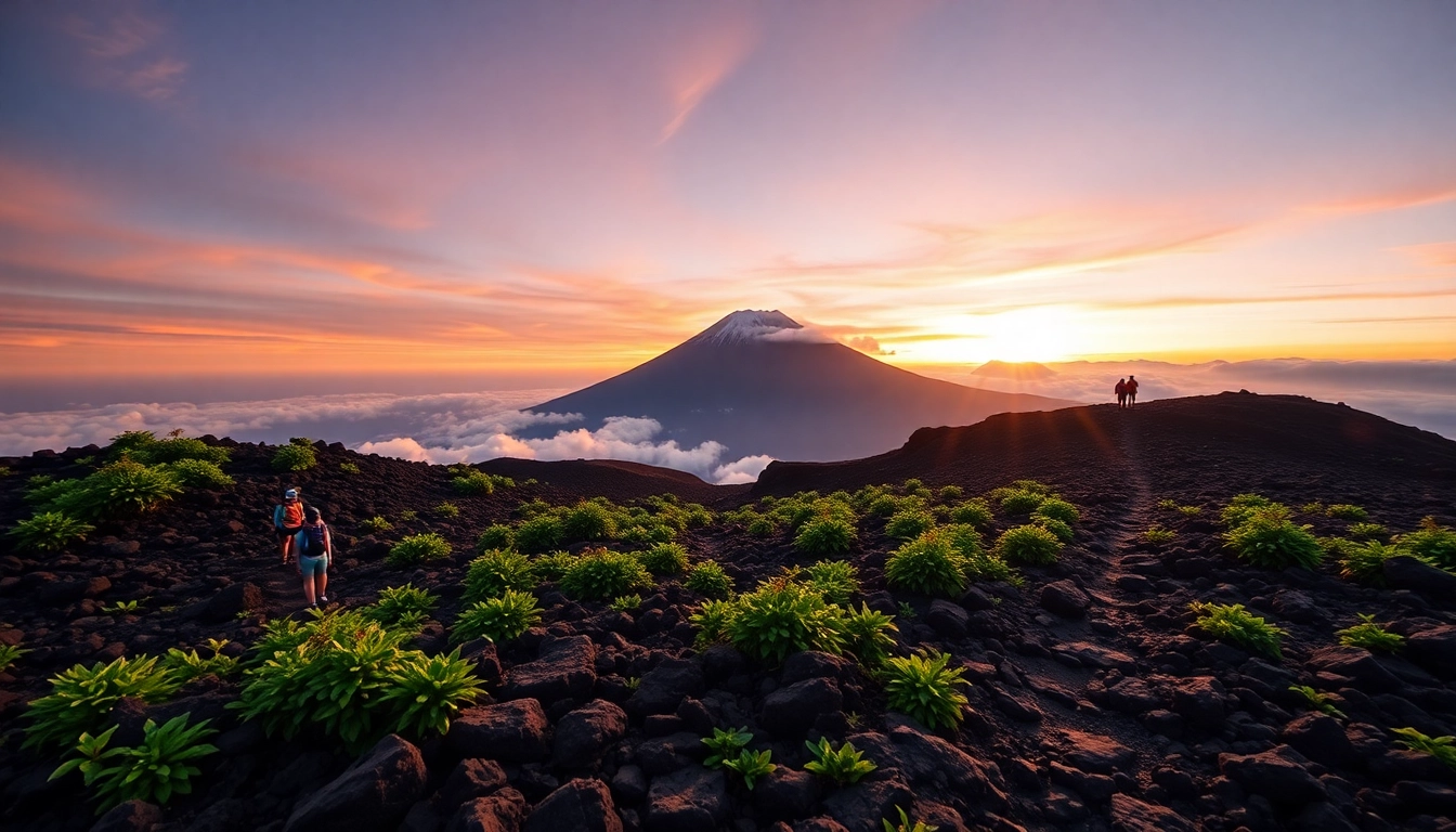 Sunrise over Mount Rinjani with hikers on the trail and lush greenery in the foreground.