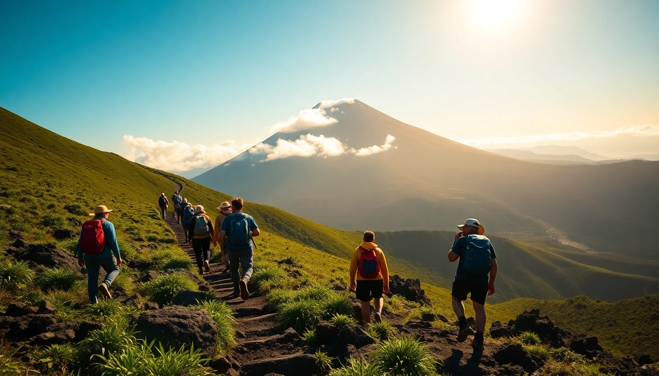 Hikers ascending Mount Rinjani amidst lush greenery with the volcano in the background at sunrise.