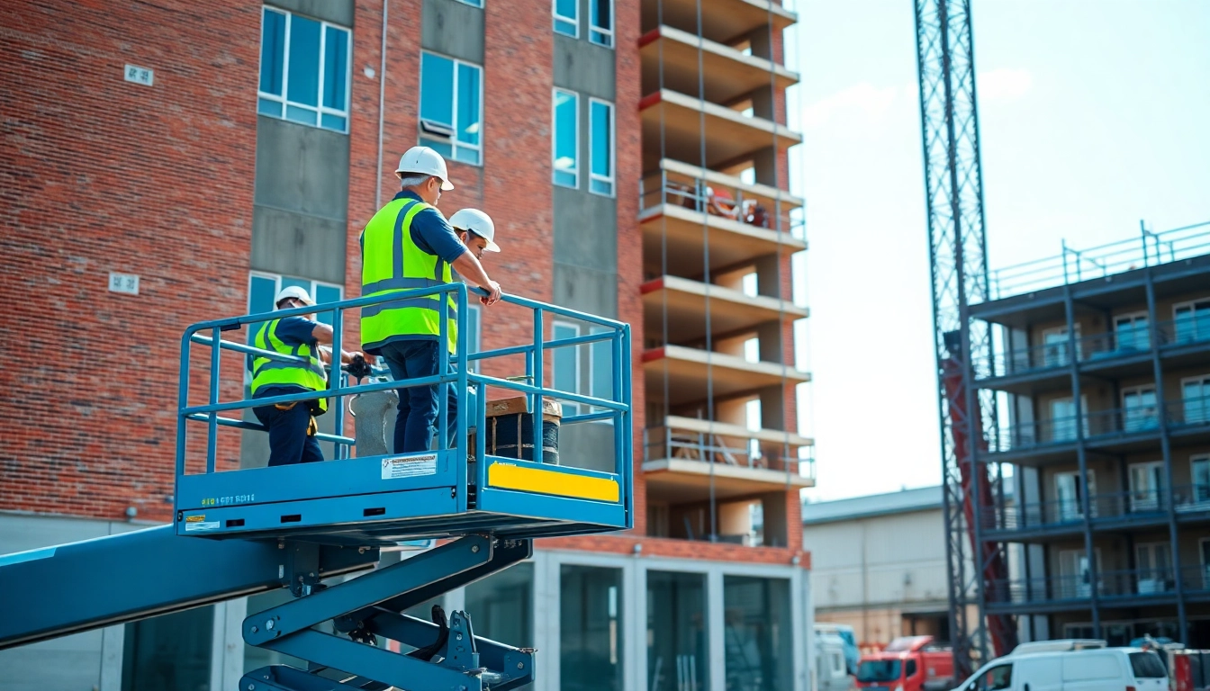 Efficient scissor lift rental for construction projects, showcasing a worker operating a lift at height safely.