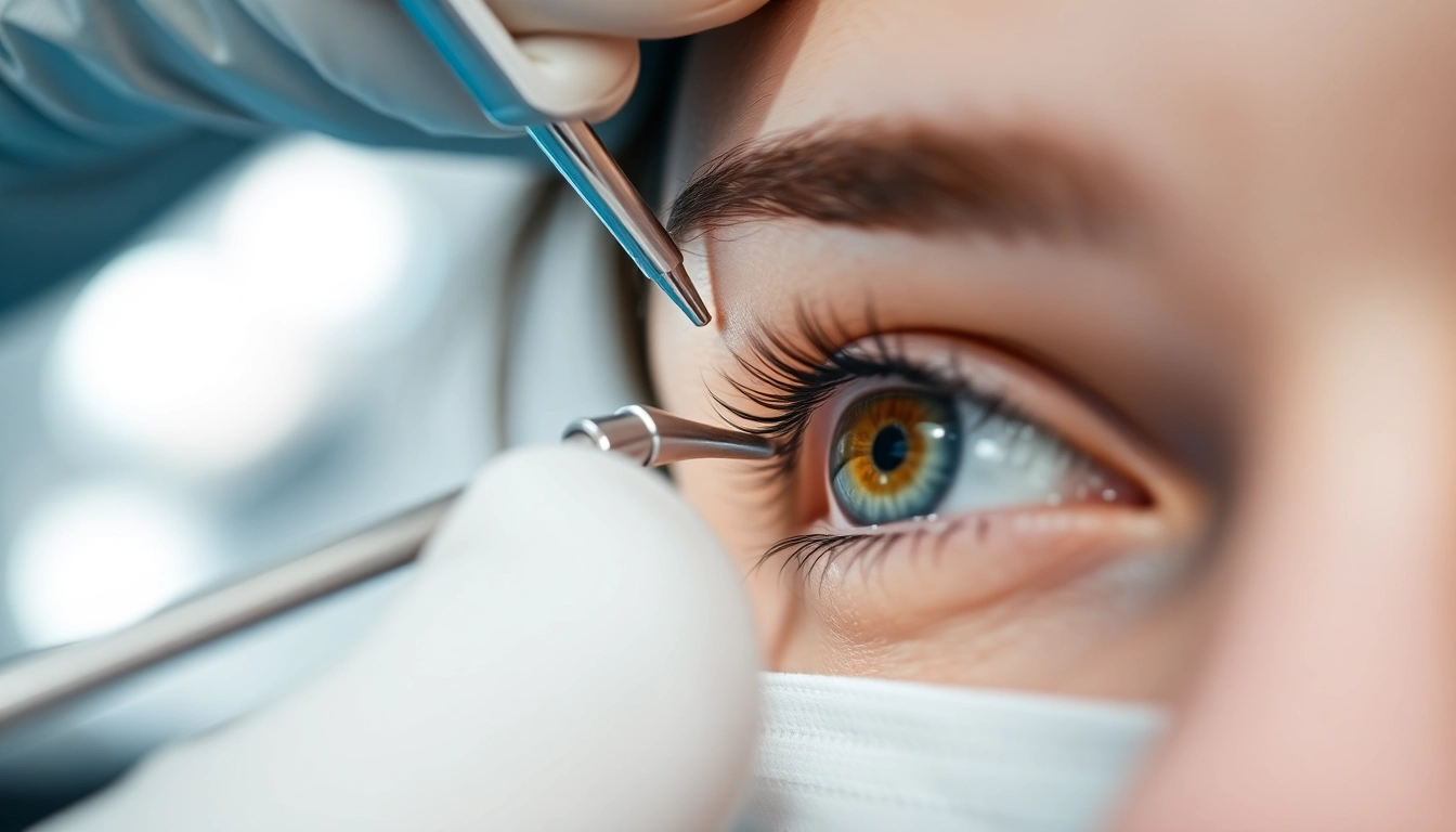 Oberlidstraffung Zürich: Skilled surgeon performing eyelid lift with attention to detail in a modern clinic setting.