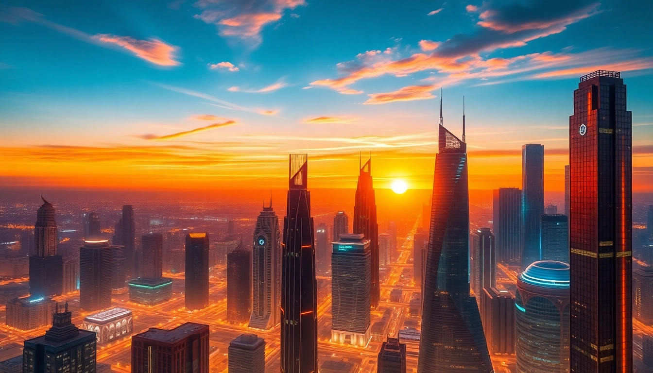 Visual of a hyper-realistic ai image generator no restrictions producing a vibrant futuristic cityscape with detailed skyscrapers and sunset lighting for seamless accessibility.