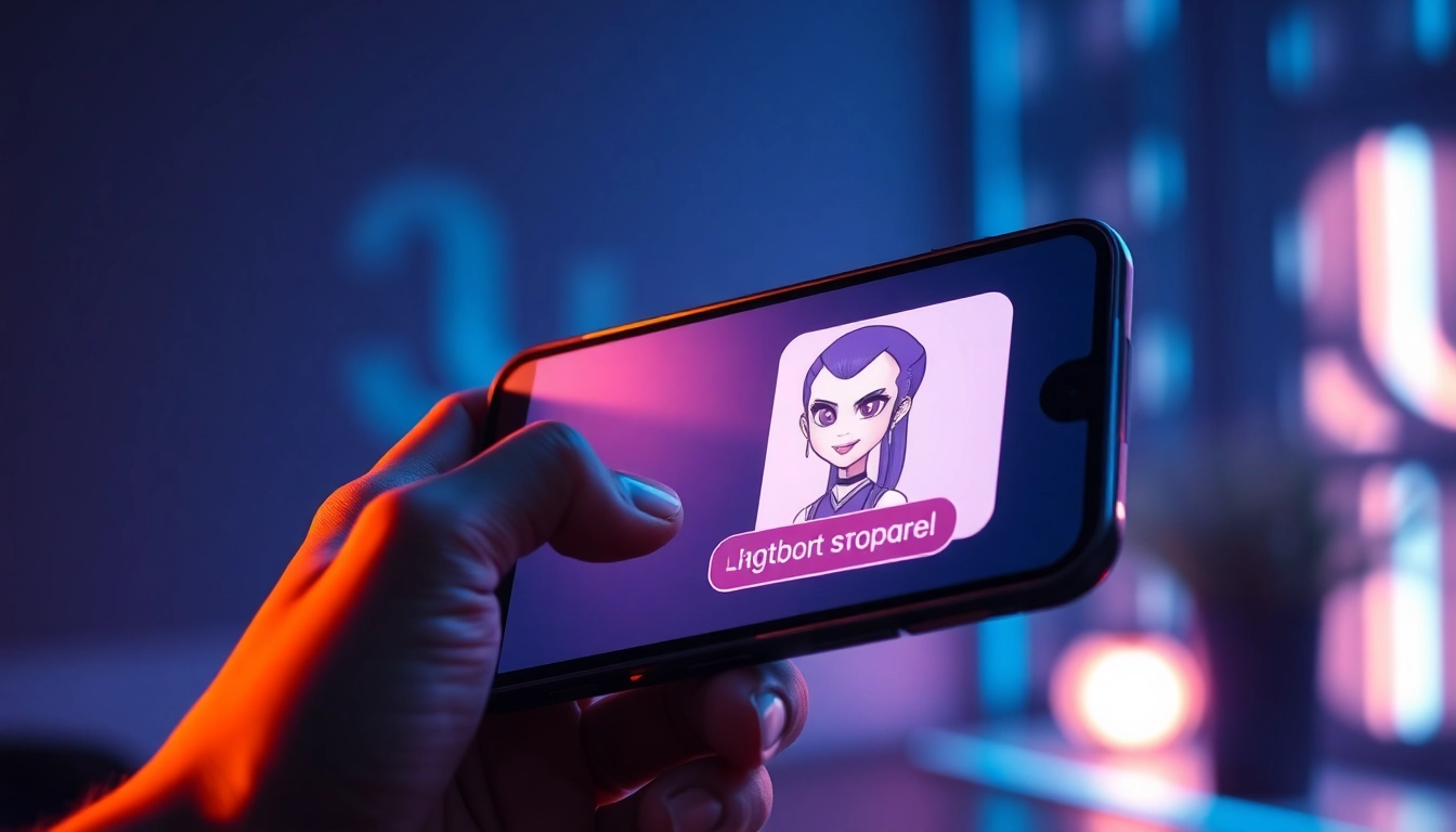 A futuristic smartphone displaying a seductive AI character in a dimly lit, cyberpunk-inspired environment.