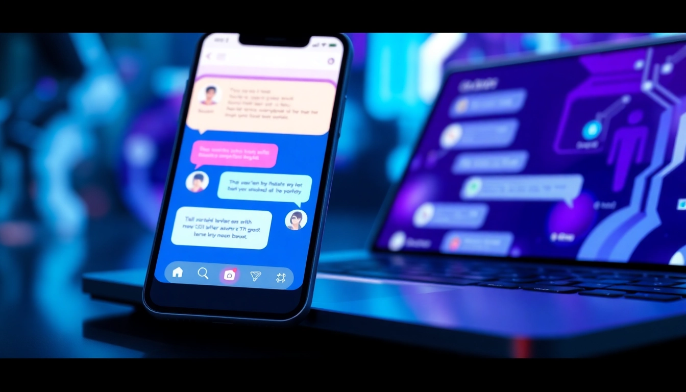 An illustration of a high-tech chatbot interface on devices with colorful chat bubbles and AI avatars in a futuristic setting.