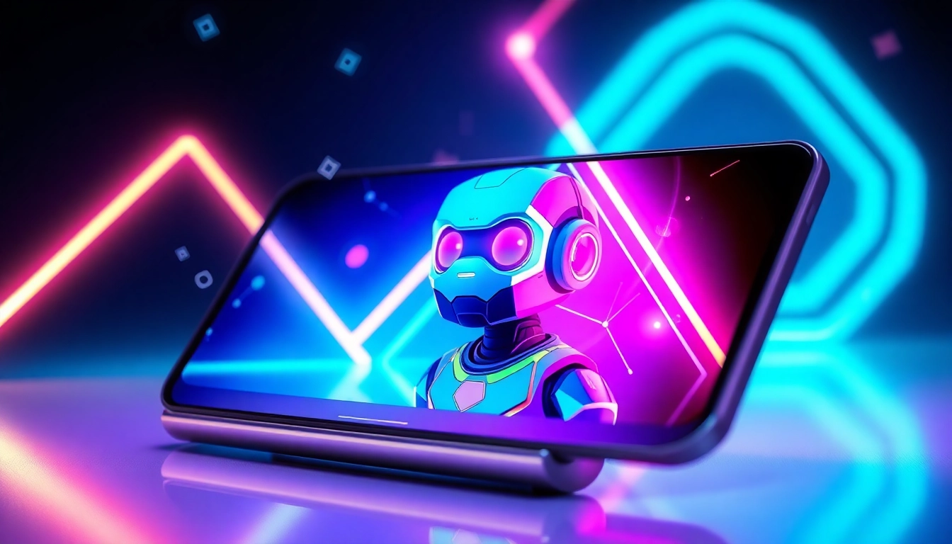 Futuristic AI character on a digital device screen with glowing neon background