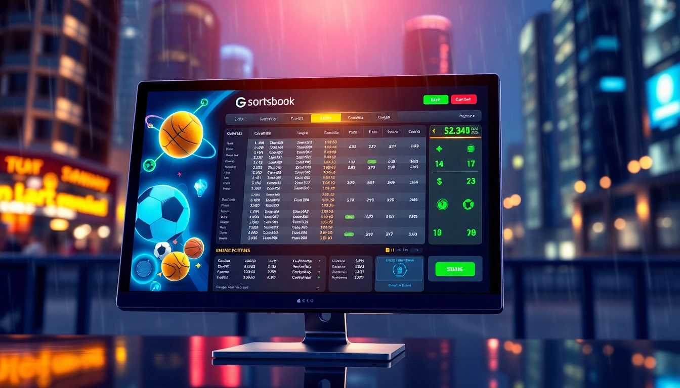 Digital illustration of an online sportsbook and casino platform with sports icons and vibrant neon accents
