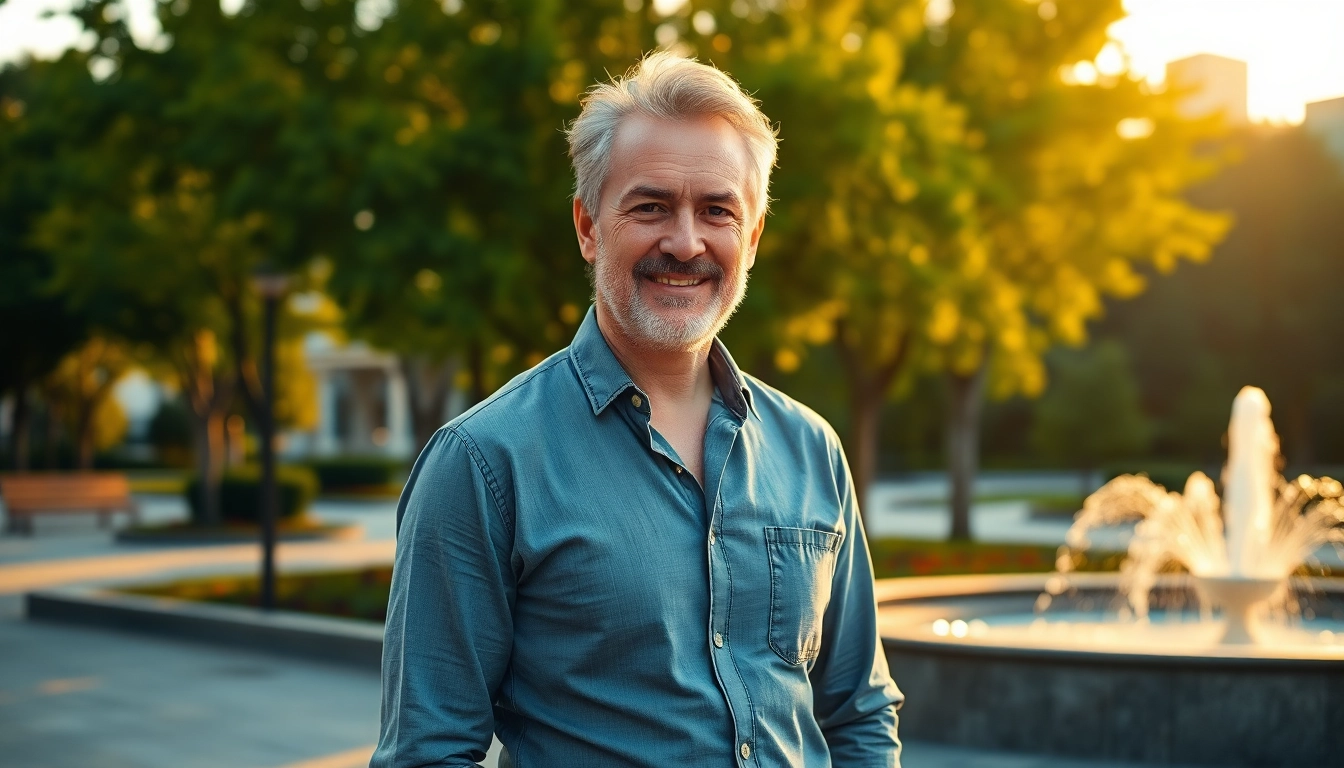 An attractive older man with salt-and-pepper hair and a confident smile standing in a park during golden hour.