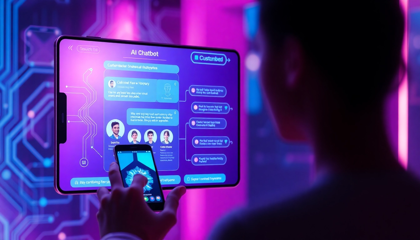 A person using a smartphone to interact with an advanced AI chatbot platform, with glowing digital interfaces and customizable characters.