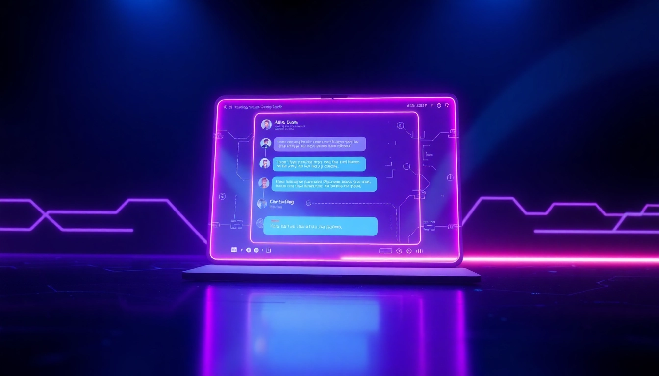 Futuristic AI chat interface with neon lights and holographic text in a high-tech setting.