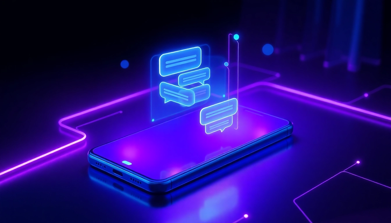 Futuristic AI chatbot interface on a smartphone with holographic chat bubbles and neon accents in a cyberpunk style.