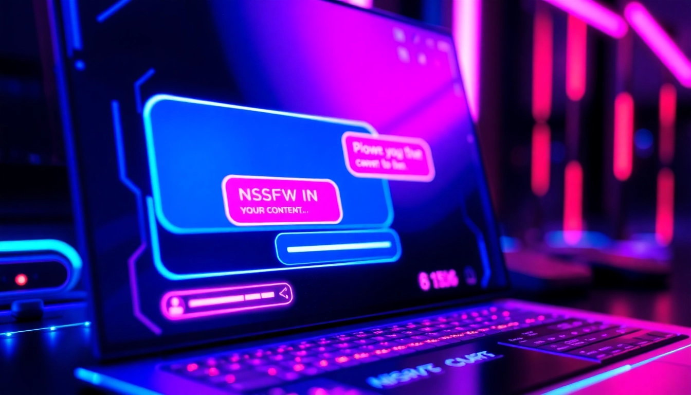 Futuristic AI chatbot interface with neon lights and suggestive content