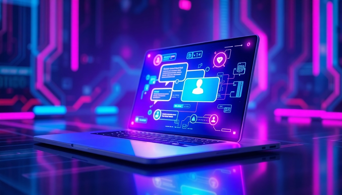 Futuristic chatbot interface with neon glow and digital elements on a sleek screen
