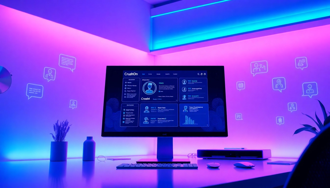 Futuristic digital workspace with a computer screen displaying the CrushOn AI platform interface, glowing holograms, and ambient lighting.