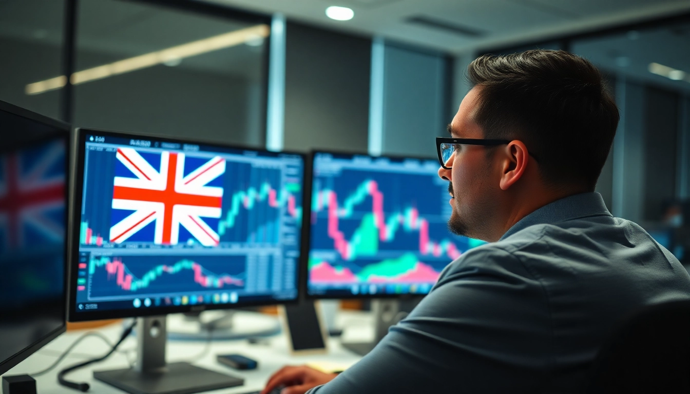 Experienced Forex Broker UK analyzing trading charts in a professional setting with UK flags,
