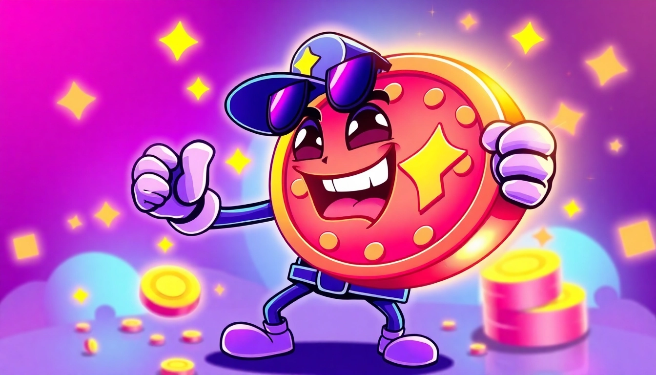 Crypto Meme Coins showcase vibrant meme coin character engaging with gambling games and