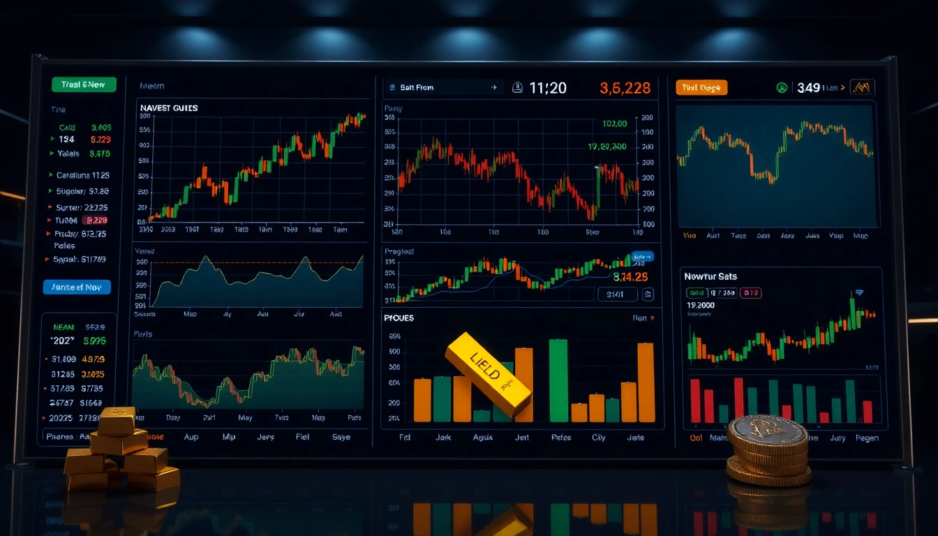 Real-time investment news showcasing stock charts, gold prices reaching record highs, and