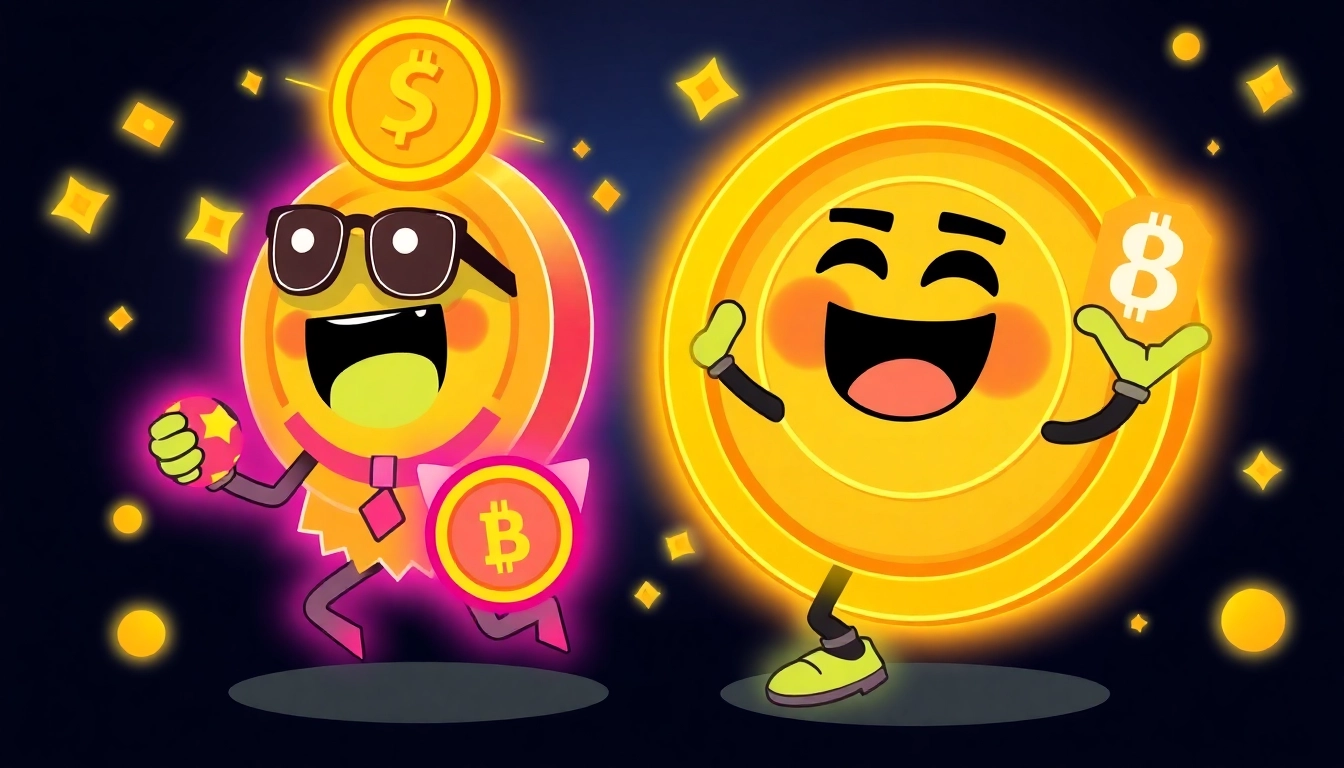 Crypto Meme Coins engaging colorful scene with GambleFi gaming elements and active community imagery