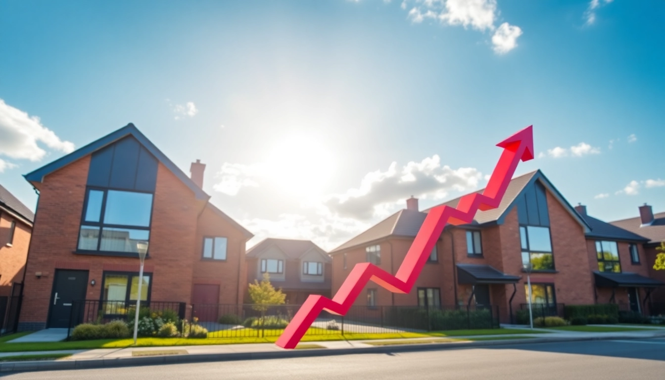 Visual representation of UK House Prices rising with modern homes and upward financial trends